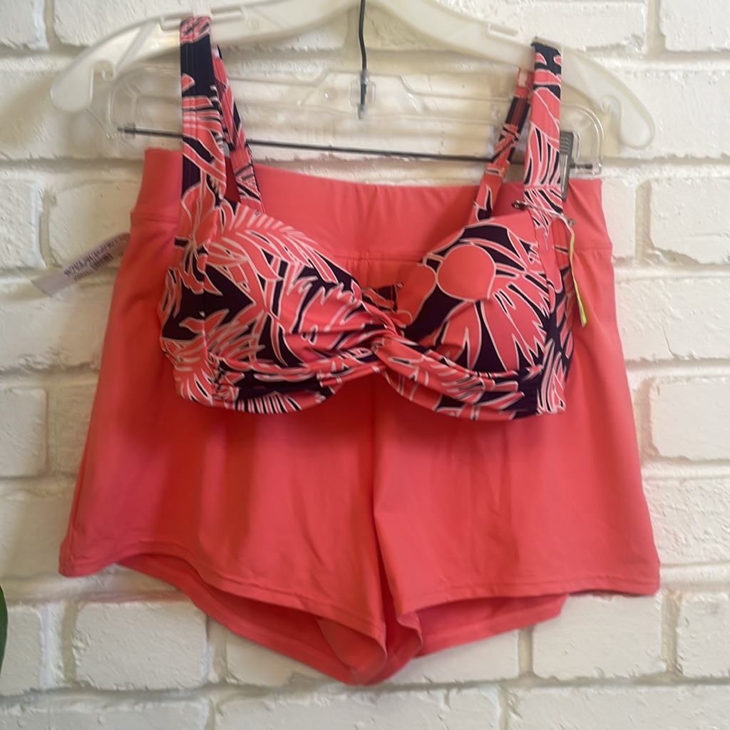 Lands’ End Swim Combo Twist Front Bikini Top + 3" Smoothing Shorts Pink Sz 2 Nwt